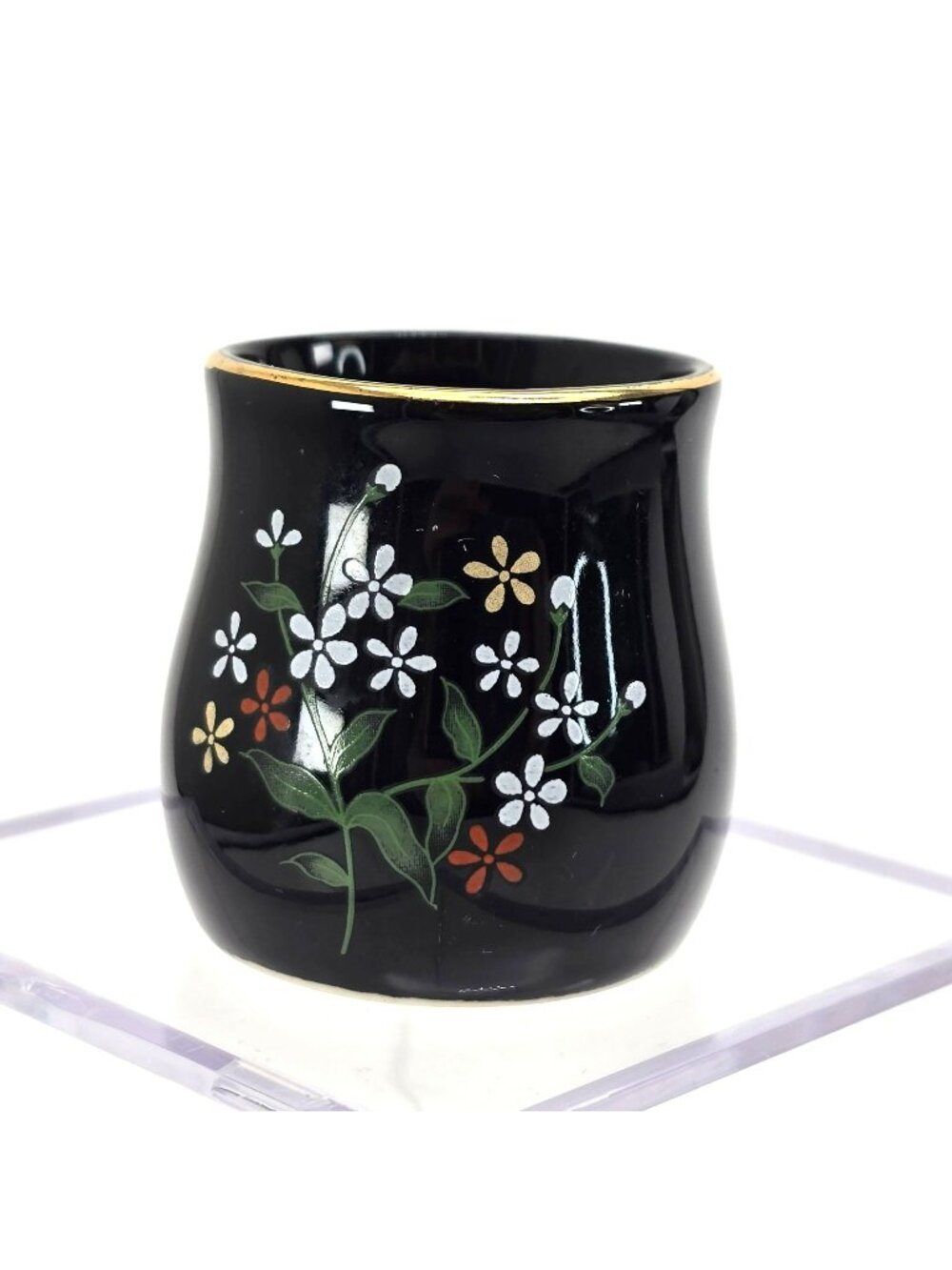 Vintage Black Floral Ceramic Vase With Gold Rim Accent Miniature je200